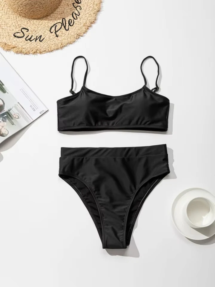 Bikini fashion sexy elegant high-waisted solid color two-piece swimsuit