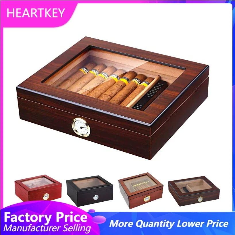 

Cigar Tobacco Case Box with Hygrometer, Luxury, Tempered Glass Top Display, Custom Packaging, Wood