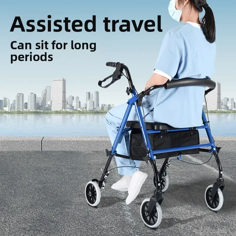 Aluminum Rollator Walkers with Seat for Seniors Locking Hand Brakes, Can Sit or Push Rehabilitation Four Wheel Foldable Rollator