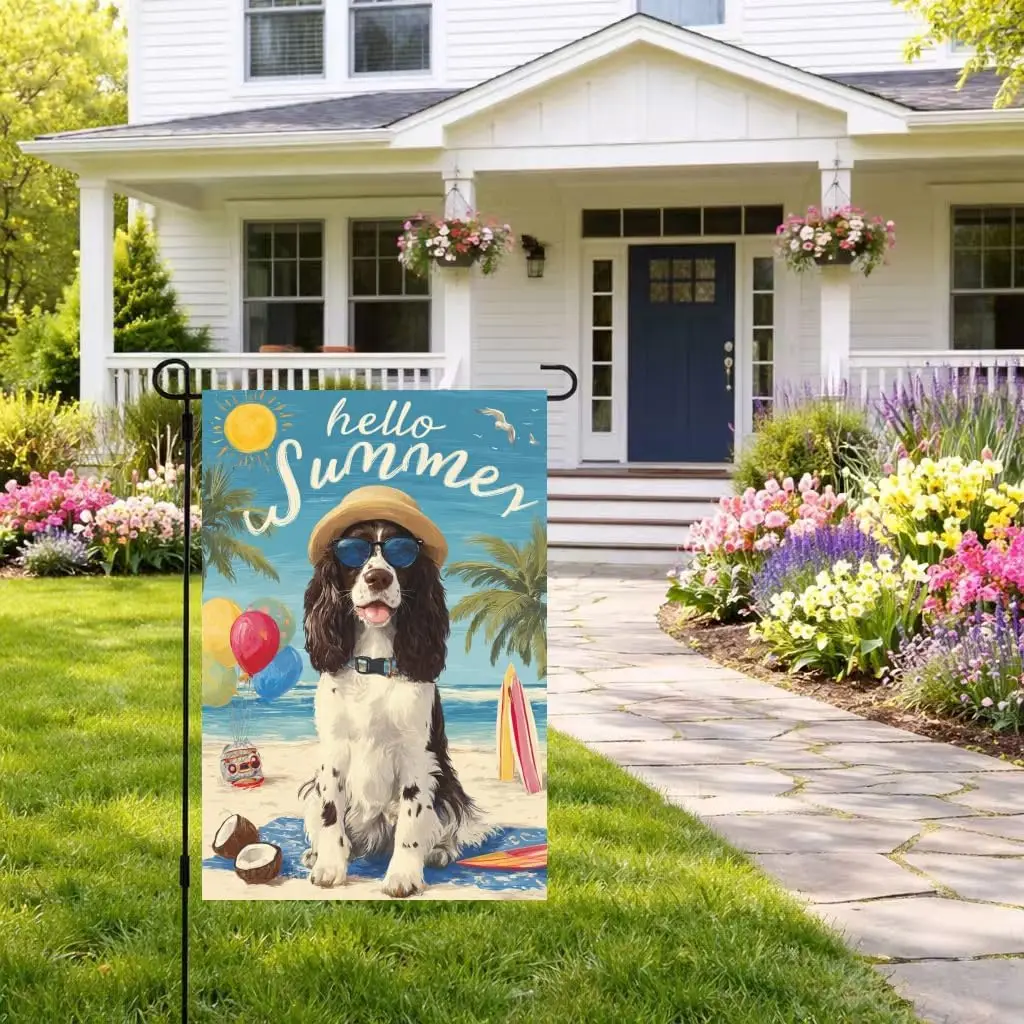 Hello Summer Garden Flag English Springer Spaniel Tropical Beach Flag 12x18 Inch Double Sided Yard Small Flag For Outside Ho yyi
