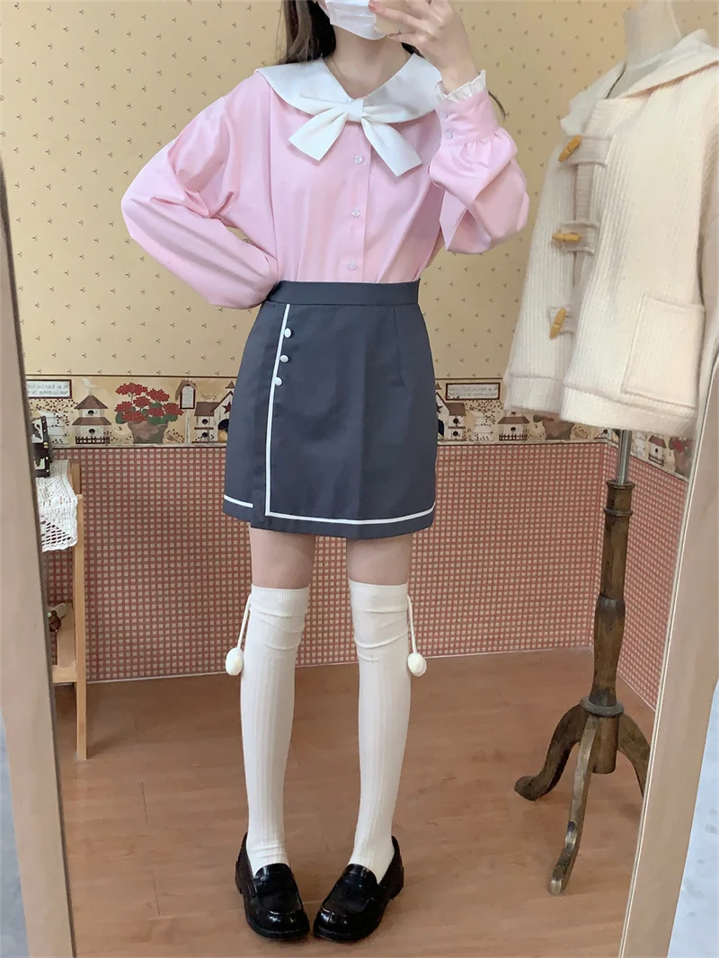 Japanese Kawaii Fashion Pink Shirts Women Sailor Collar Long Sleeve Blouse Lolita Sweet Jk School Girl Cute Cosplay Uniform Top