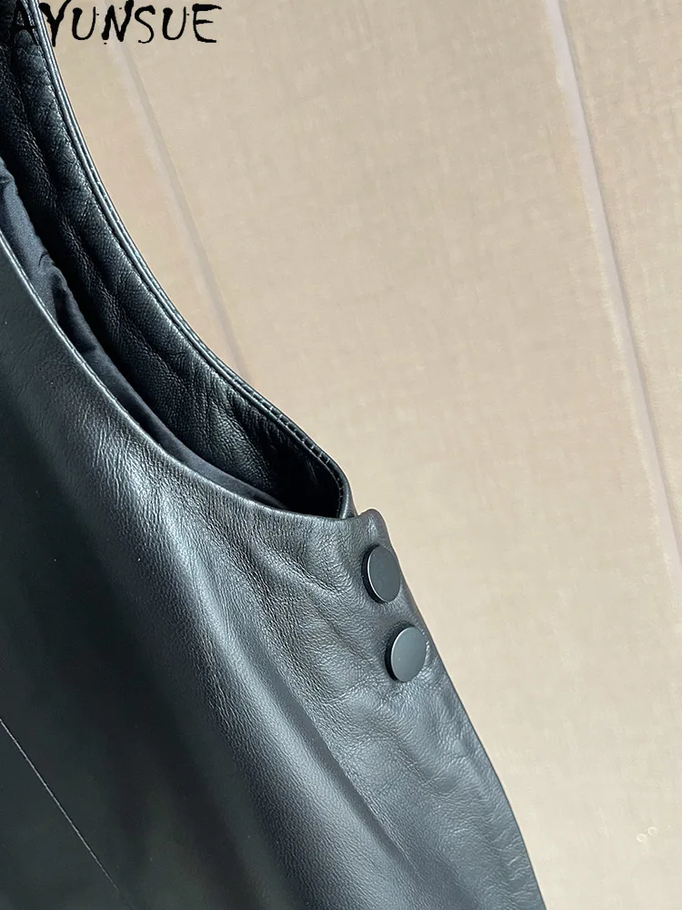 AYUNSUE 100% 정품 양피 조끼 자켓 여성 v 넥 느슨한 민소매 가죽 자켓 여성 의류 2025 가을 Abrigo Mujer