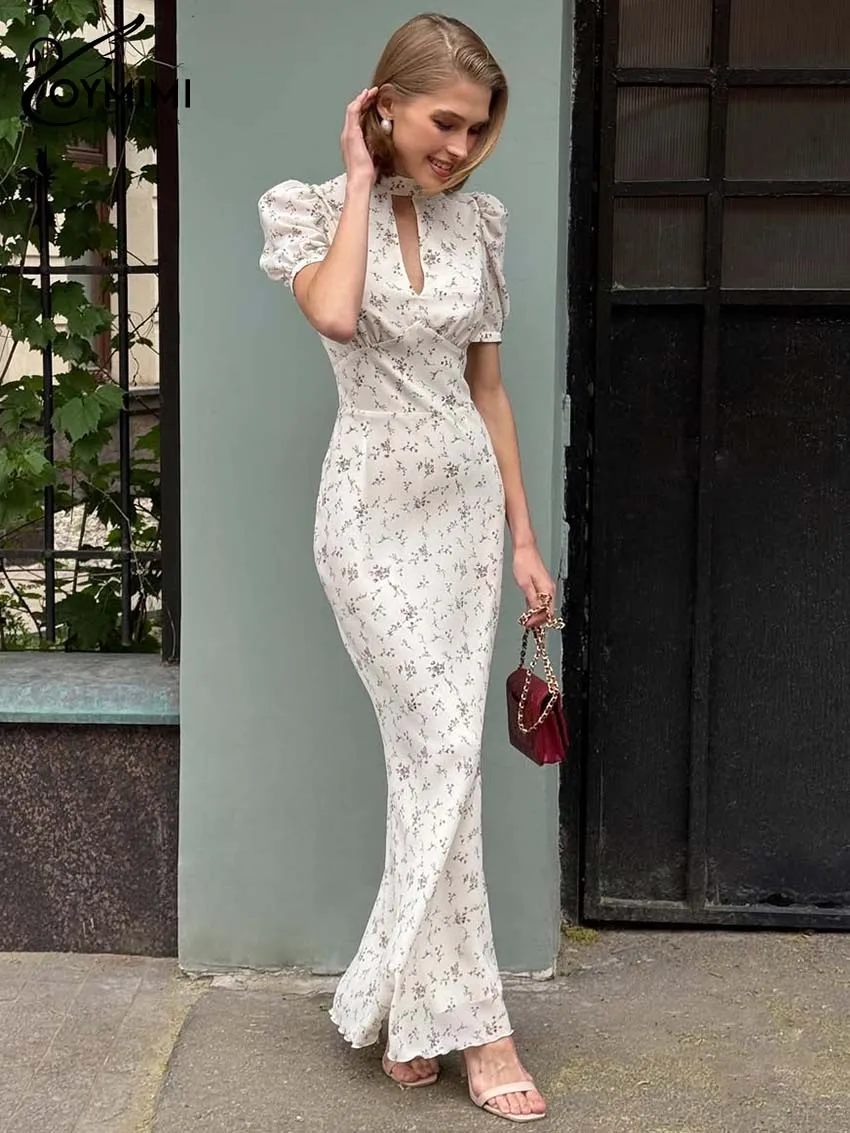 Oymimi Elegant Wine Red Print Women's Dress Fashion O-Neck Short Sleeve Hollow Out Dresses Autumn High Waist Floor-Length Dress - Image 4