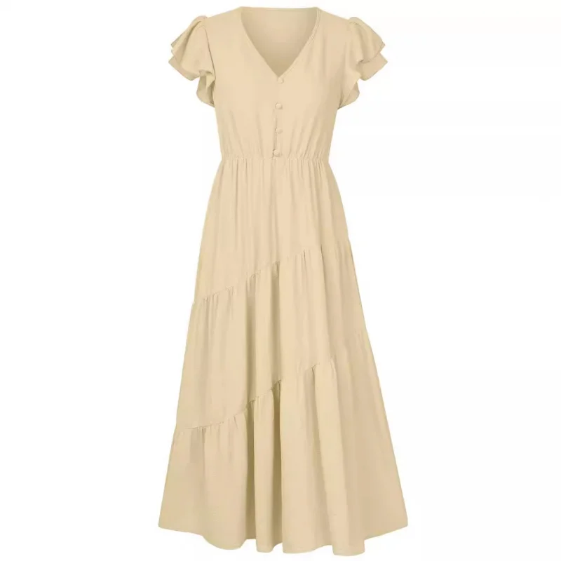 Faionable casual verão na moda feminino fre sle v-ne em camadas dr com saia plissada linha a ort sve longo dr