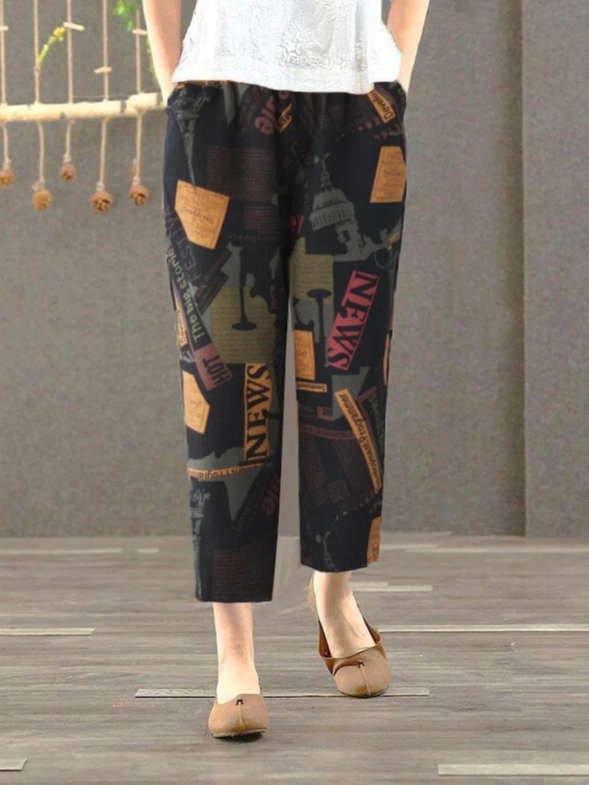 กางเกงแฟชั่นฮาร์ลานสำหรับผู้หญิง ฤดูร้อน ผ้าฝ้ายลินินบางเบา สไตล์ลำลอง ทรงหลวม ช่วยให้ดูผอม กางเกงขา 7 ส่วน เอวสูง ยางยืด