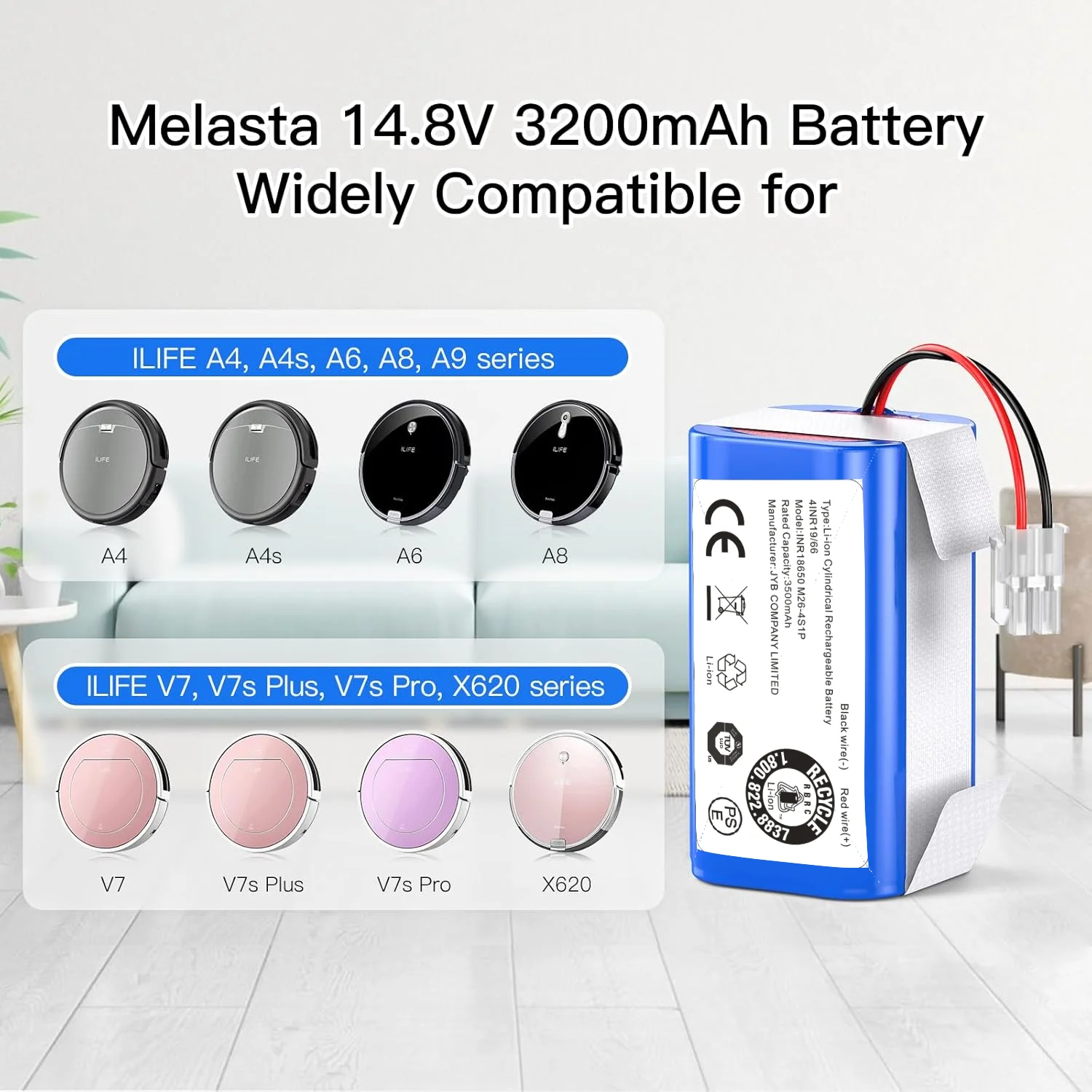 

14.4V 3200 mAh Li-ion Battery for iLife Vacuum Cleaner A4, A4s, A6,V7, A6, A7, A8, A9, V7s Plus, V7s Pro, X620, Y8H4 Batteries