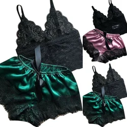 Women's Sleepwear 2 Pieces Pyjama Set Sexy Lingerie Lace V-Neck Sleeveless Cami Top and Shorts Fashion Patchwork Pajamas