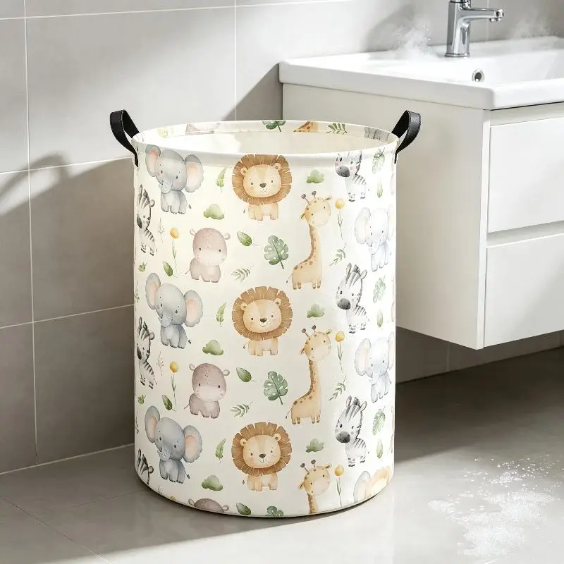 Lightweight Cute Animal Storage Basket Foldable Waterproof Laundry Hamper Double Handle for Kids Room Nursery Toy Storage