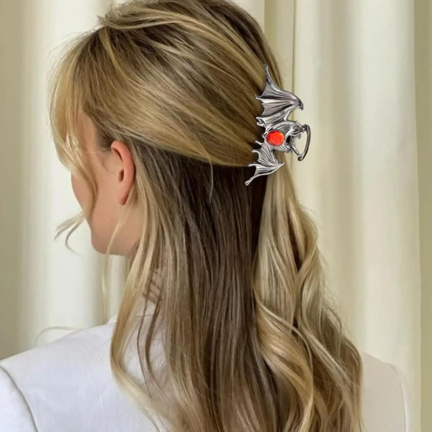 Metal Sliver Bat Hair Grab Clip Ruby Inlaid Hairpin Halloween DIY Decorations Shark Clip Headdress Hair Claw Halloween Gifts New view 4