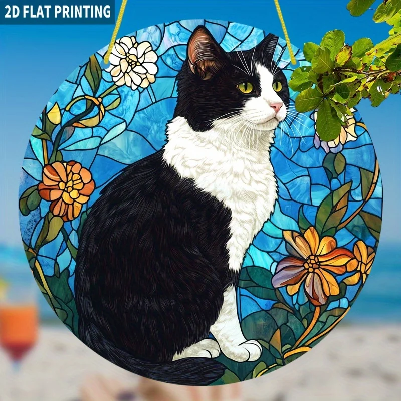 2D Flat - [2D Flat] 1pc Calming Black and White Cat Sun Catcher, 19.99x19.99cm Round Acrylic Window Hanging Decor, Stained Glass