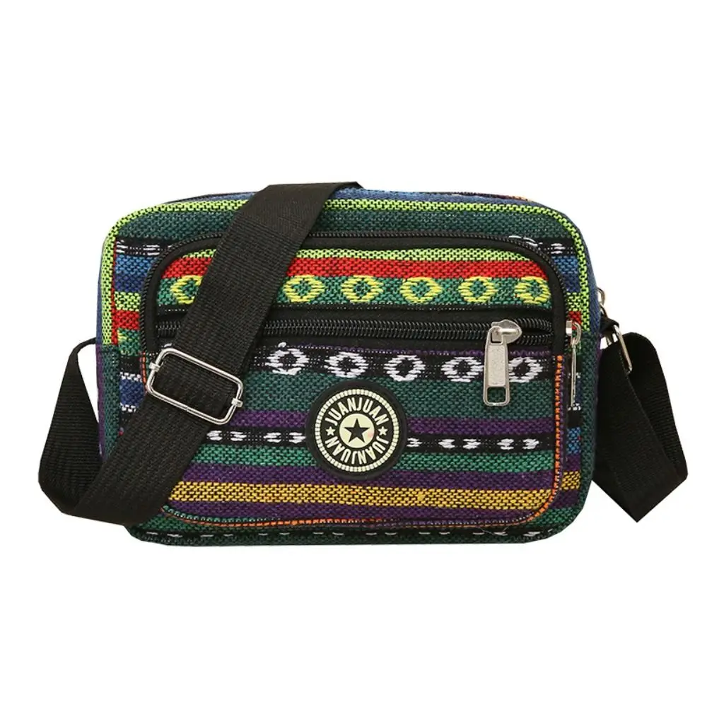 

Large Capacity Bohemian Crossbody Bag Multi-layered Colorful Stripe Shoulder Bag Embroidery Ethnic Style Weave Oxford Bag