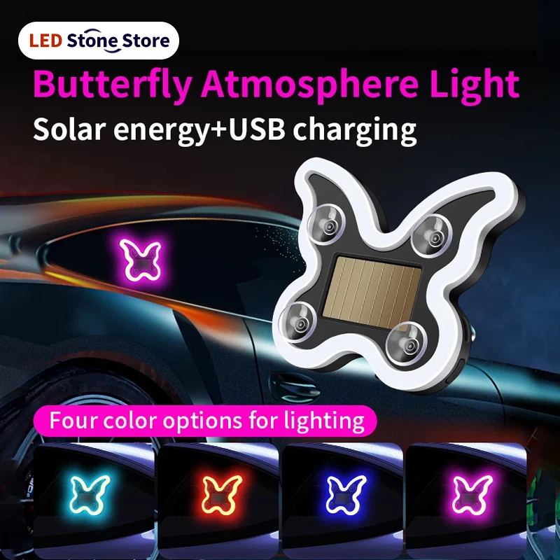 

Солнечный светодиодный светильник-бабочка для автомобиля, без проводки, беспроводной неоновый светильник для треугольного окна, атмосферная подсветка для C-стойки, декоративное освещение салона.
