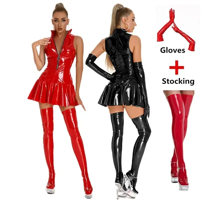 

Women's Exotic Leather Dress Wet Look Sexy Bodycon Pleated Latex Dress High Collar Sleeveless Bottom Flare Mini Dresses