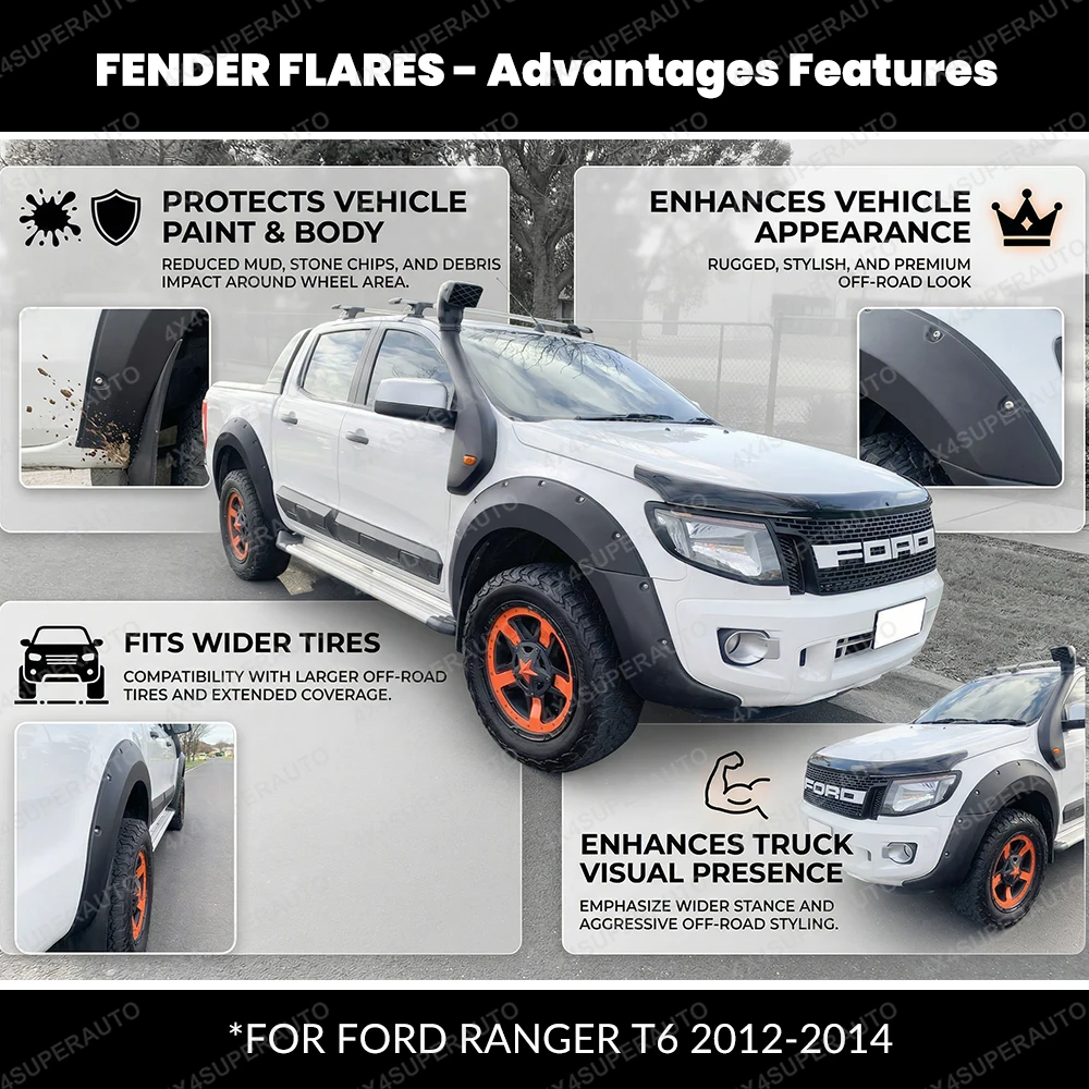Rivet Style Fender Flares for Ford Ranger Wildtrak XLT XL LIMITED T6 T7 2012-2018 Wheel Arch Extensions Off-road Fenders