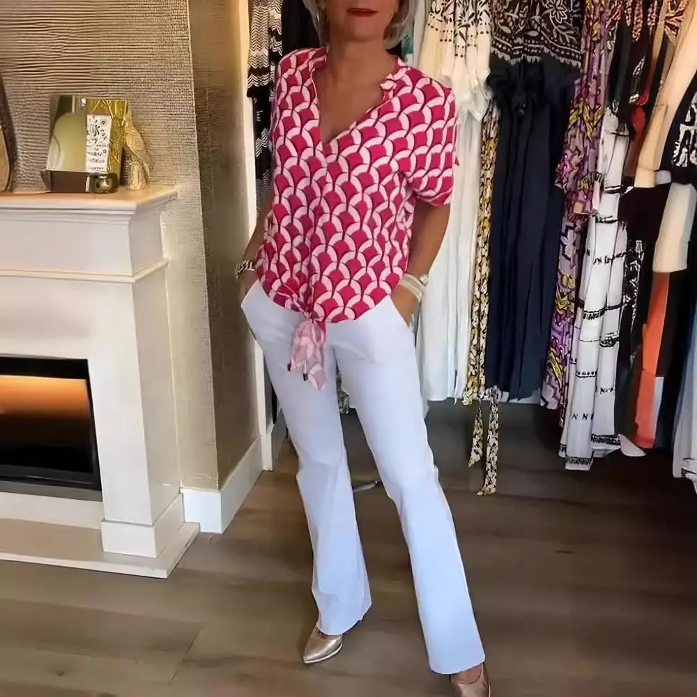 Damska koszulka z nadrukiem, do pracy, sportowa, z poliestru, wzór w romby, damska koszulka z kołnierzykiem, codzienna, modna, letnia koszulka.