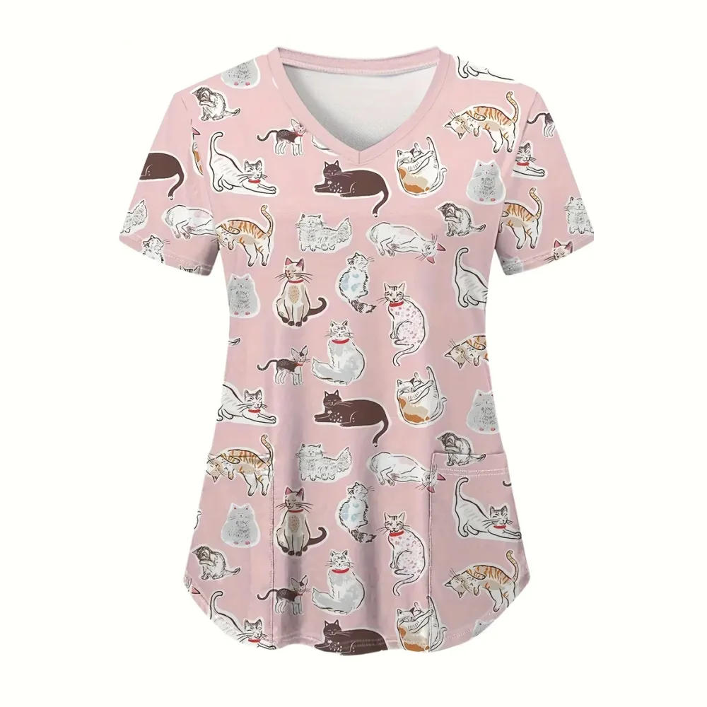 Scrub Medische Vrouw Schattig Dieren Cartoon Patroon Micro-elastisch V-hals Dierenarts Spa Verpleging Korte mouwen Tops Medische uniformen voor dames