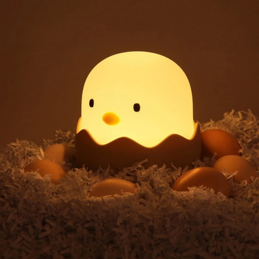 Cute LED Creative Silicone Eggshell Chicken Night Light,Bedroom Accompanying Sleeping Light,Desktop Decorative Ornaments Lamp
