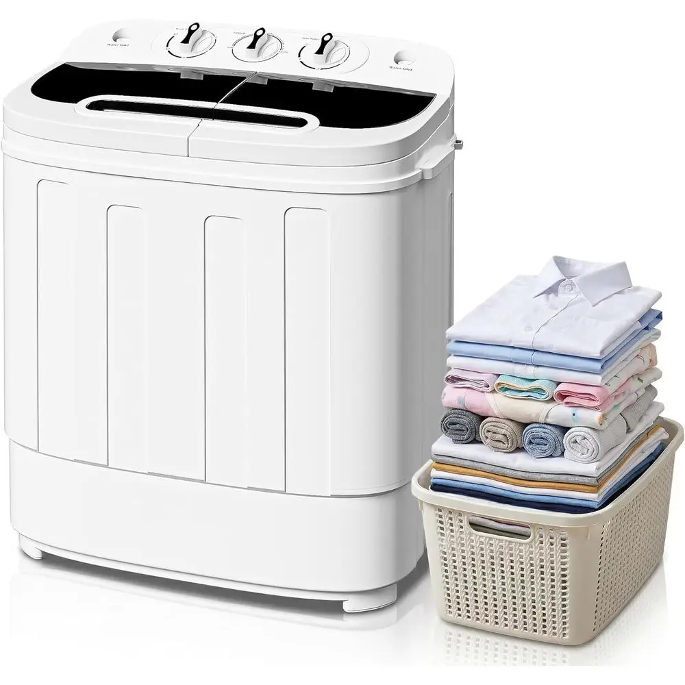 

Портативная мини-стиральная машина с двумя баками, вместимостью 13 фунтов, с функциями стирки и отжима, идеально подходит для кемпинга, общежитий и небольших помещений.