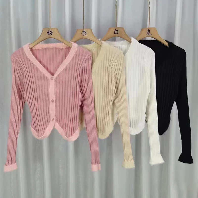 Knitted Sweet Gentle Solid Colour Women's Sweater Korean Version Slim Fashion V Neck Split Long Sleeves Cargidan Top