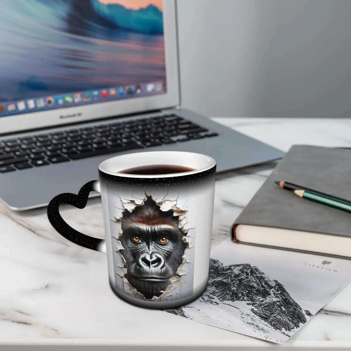 Gorilla Face Looking Through Ripped Card Mug Funny Ceramic Coffee Cups Tea Mugs Milk Cup Drinkware Gifts for Friends