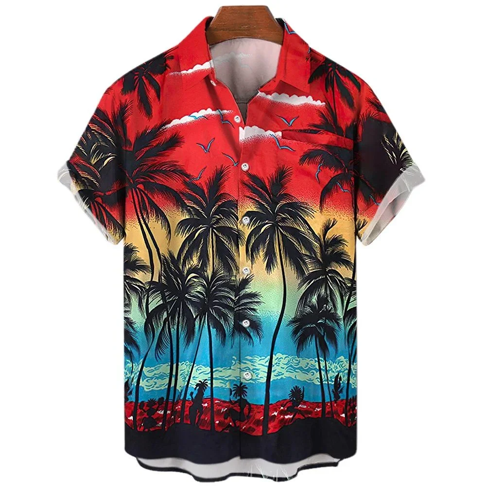 Chemise hawaienne unisexe tissu doux anti froissement manches repliable poche poitrine impression ile coucher de soleil retro