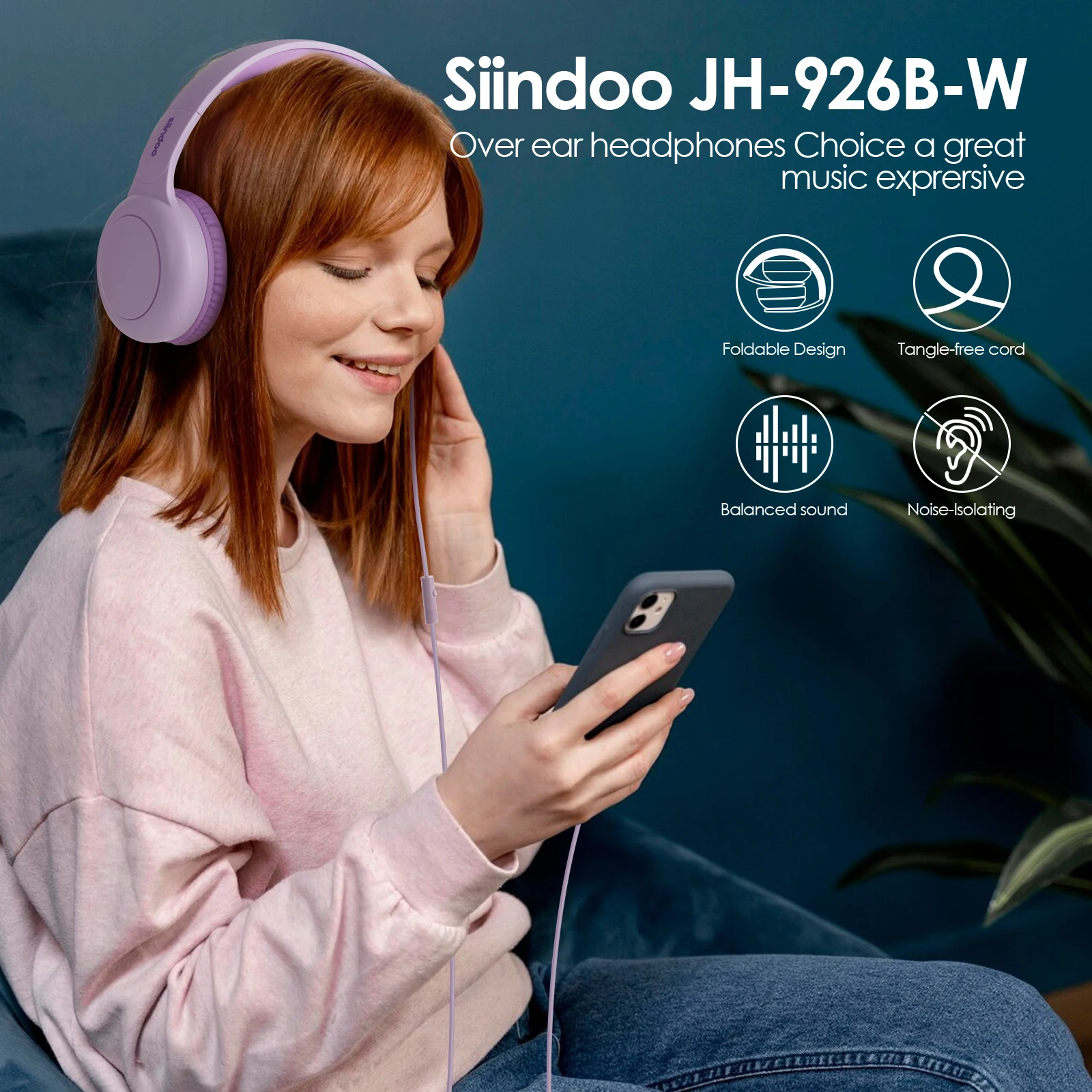 Siindoo Wired Headphones with Microphone with 1.45m-Tangle-Free Nylon Line Type C Plug Foldable Portable Wired Headphone Purple