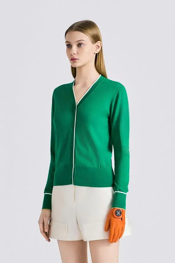 New Ladies Golf Wear V Neck Knitted Cardigan White Trim Long‑sleeve Sweater Fashion Daily Outdoor Sports Golf Clothing