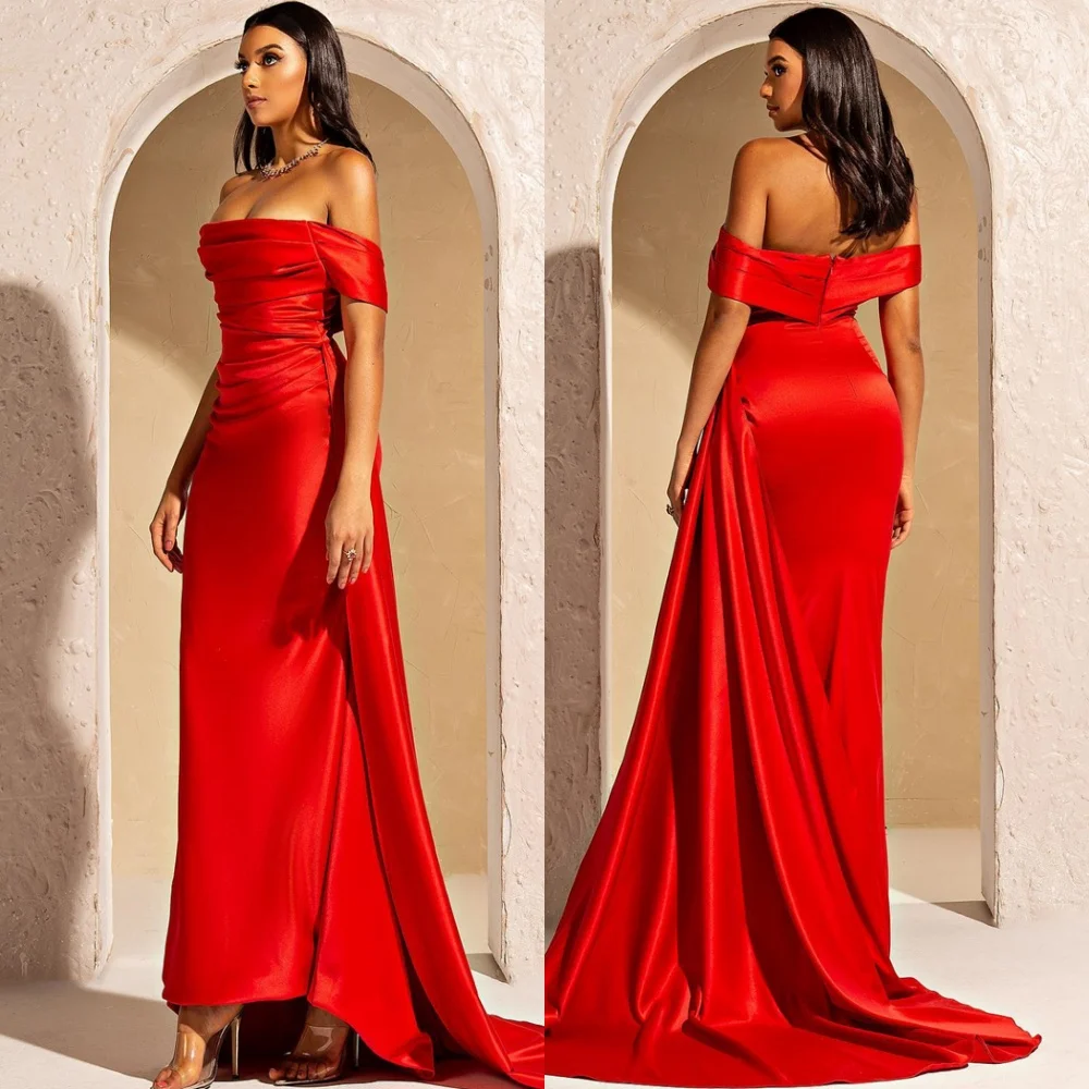 

Формальные красные атласные вечерние платья по индивидуальному заказу. Изысканные платья для выпускного вечера с открытыми плечами. Модные платья для особых случаев.