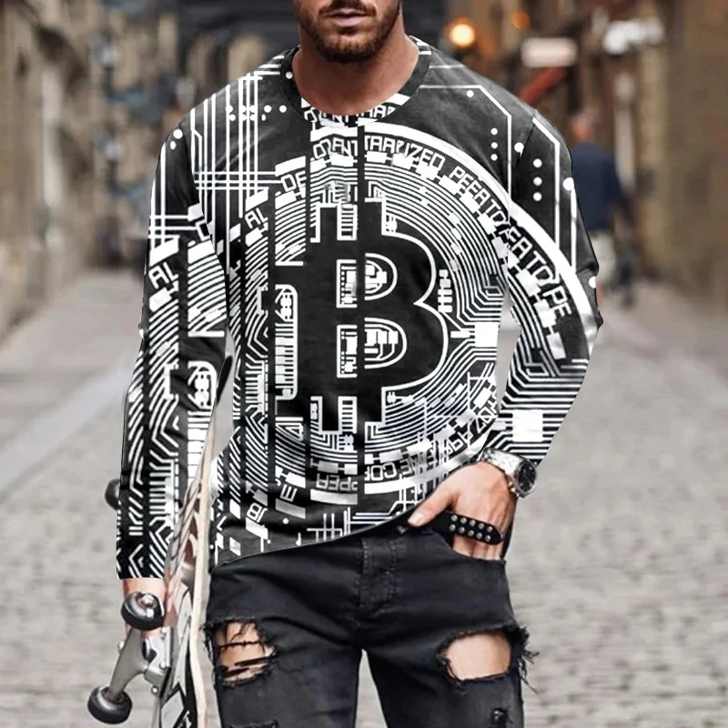 New Tide Bitcoin (Bitcoin) Pattern European Size long Sleeved T-shirt For Men's Casual Autumn Trend Top Round Neck Tee