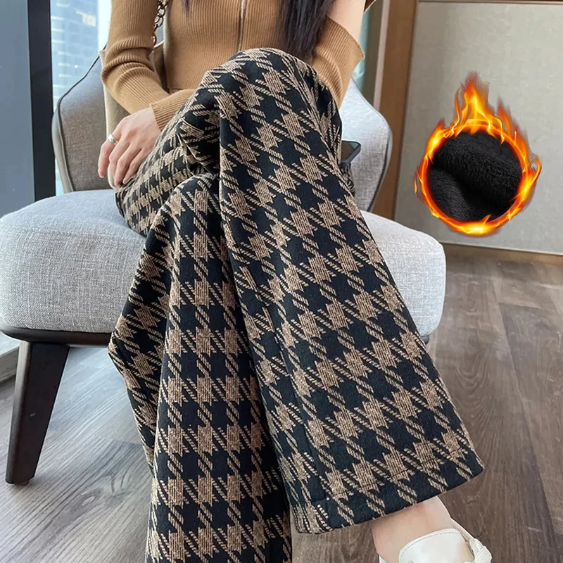 

MEXZT Vintage Fleece Wide Leg Pants Women Thick Plush Woolen Plaid Trousers Korean High Waist Baggy Velvet Full Length Pants New