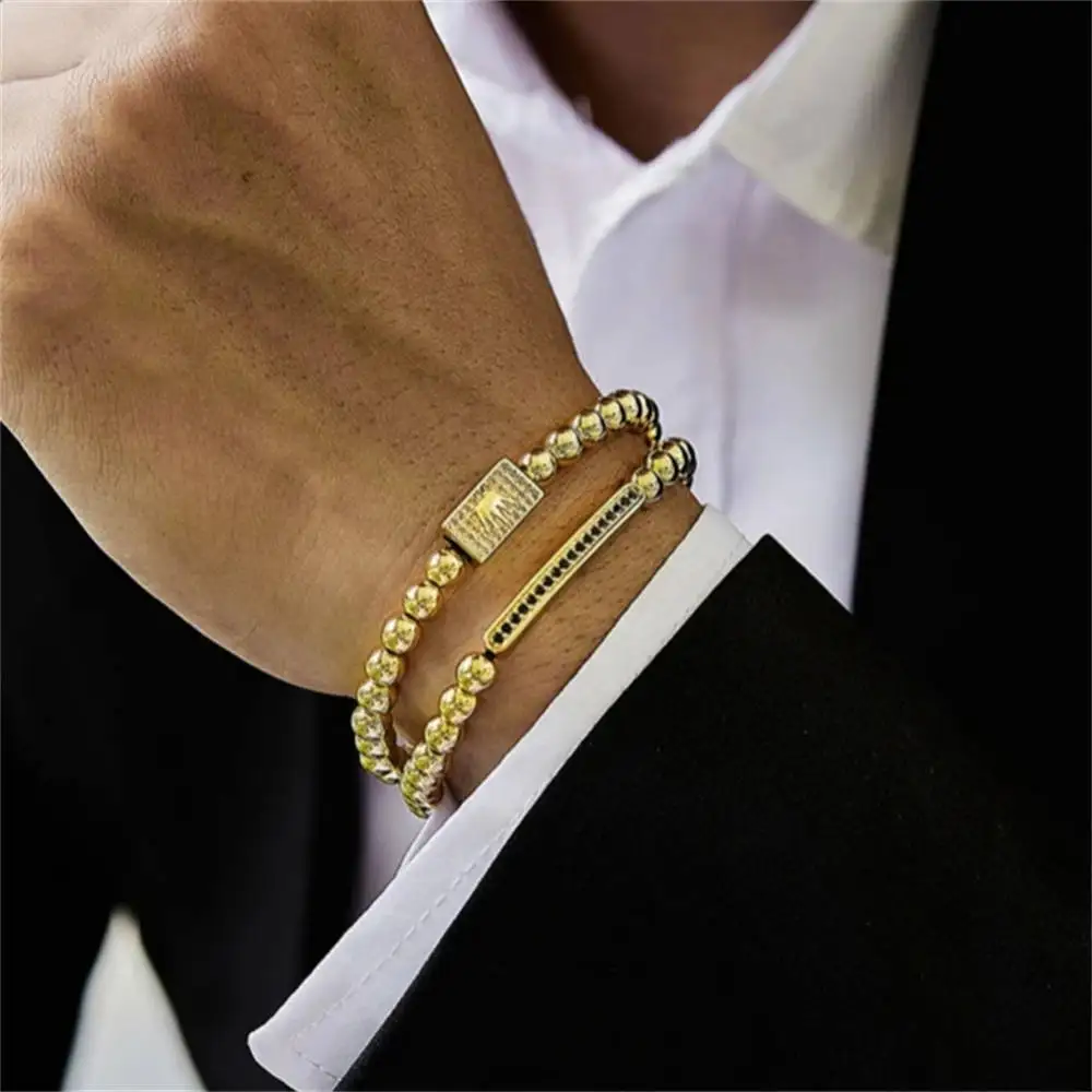 2Pcs/Sets Classic Men Crown Stainless Steel Beads Bracelet Rectangle Linear Inlaid Zircon Punk Charms Bracelet Man Women Jewelry