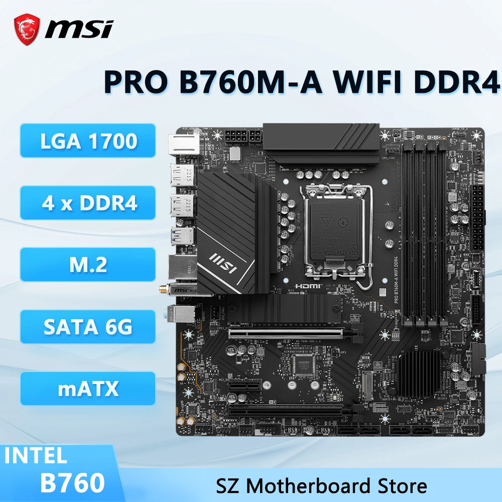 

MSI PRO B760M-A WIFI DDR4 B760 LGA 1700 Поддержка материнской платы i5-13600KF i7-13700KF i9-13900KF i3-12100F Процессор DDR4 M.2 SATA 3 mATX