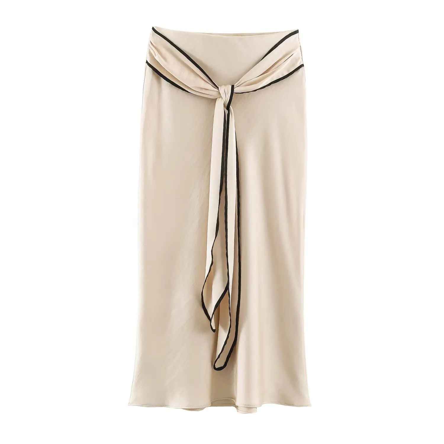 High Waist Ruffles Satin Midi Skirt 2026 Summer Women Knot Tie Straps Elegant Chic Vacation Flowy Skirt