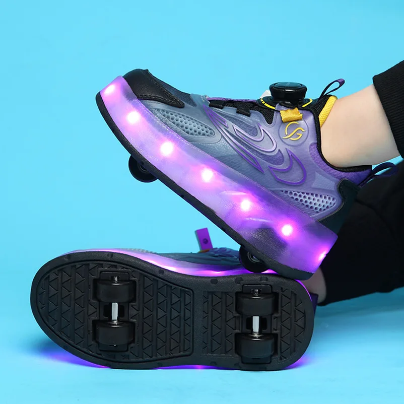 Chaussures de patin à roulettes clignotantes à 4 roues pour enfants, baskets pour étudiants, poignées amovibles, chaussures de sport d'extérieur décontractées pour garçons et filles