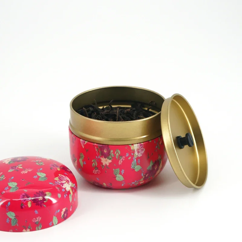 Tea Caddy Tinplate Household Sealed Packaging Box Portable Japanese Style Flower Round Small Tin Containers