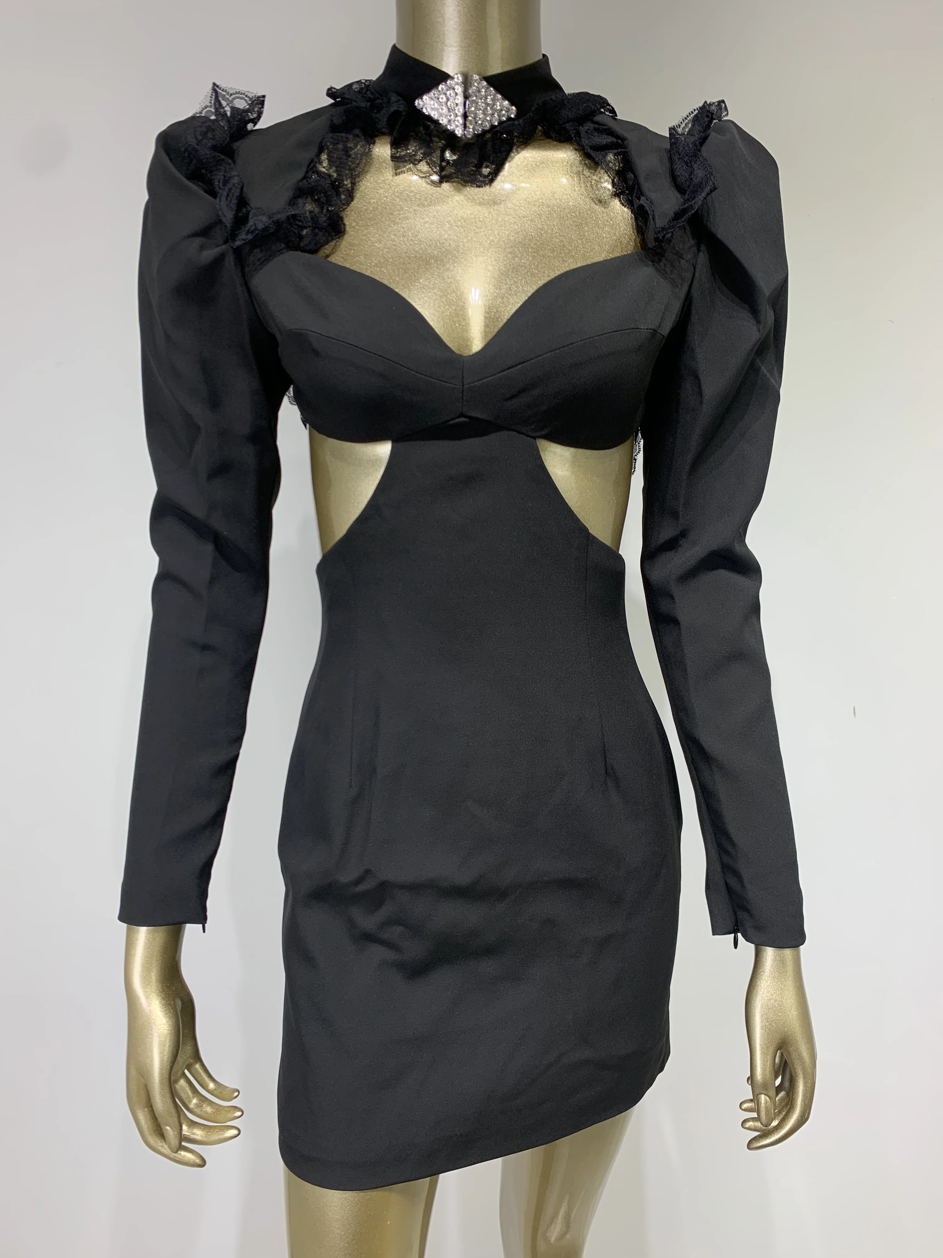 Vestido corto negro de manga larga con cuello de encaje para mujer, minivestido de diseñador de moda de pasarela, vestidos de fiesta para Club nocturno, 2023