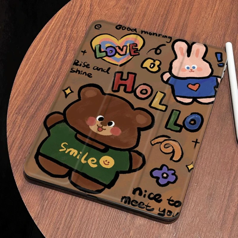 Capa destacável para iPad, Cartoon Bear Bunny Tablet Capa, 9.7 ", Mini6, 8.3 Pro, 11, 2nd, 3rd, 4th, 10th Generation, 10th Generation