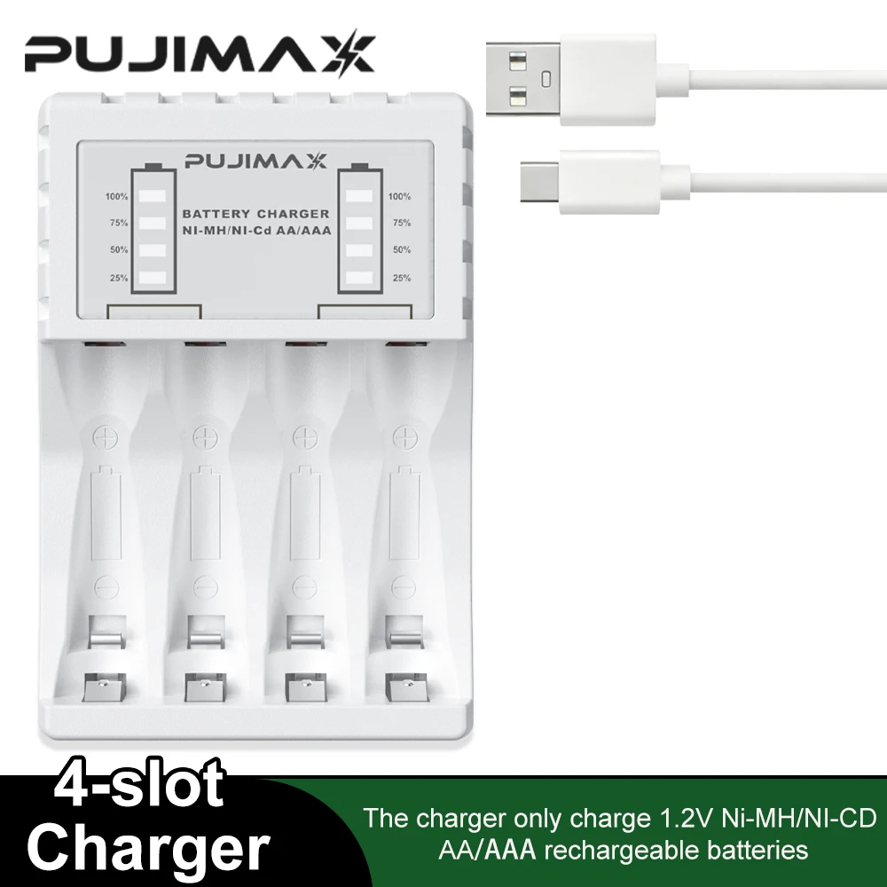 PUJIMAX 4-slot Battery Charger Suitable AAA/AA Rechargeable Battery Short Circuit Protection LED Display Ni-MH/Ni-Cd USB Charger