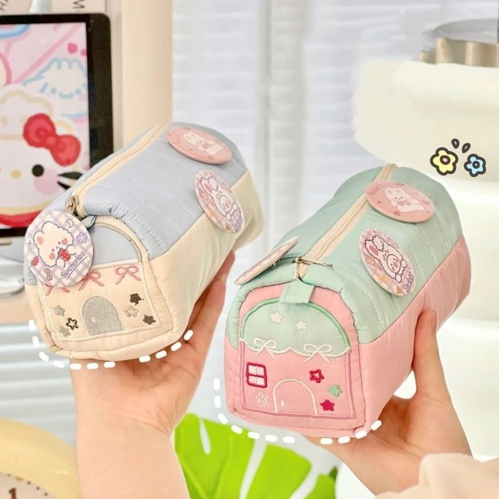 Cute House Shaped Pencil Cases Large Capacity Creative Pen Stationery Storage Bags Multi Layer Embroidery Student Cosmetic Pouch