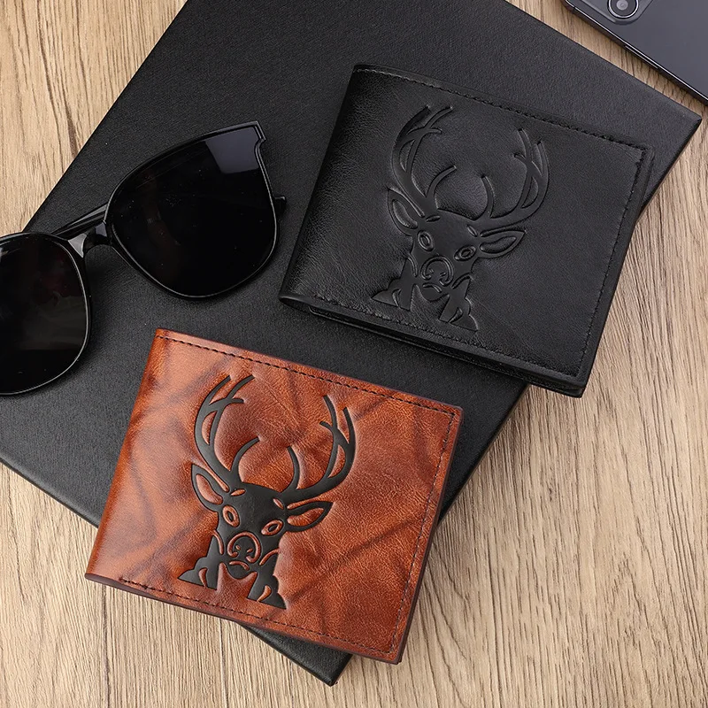 محفظة رجالية بنمط رأس الغزلان بتصميم كلاسيكي منقوش ثلاثي الأبعاد يصنع محفظة جلدية بفتحات متعددة بثلاثة أضعاف #2