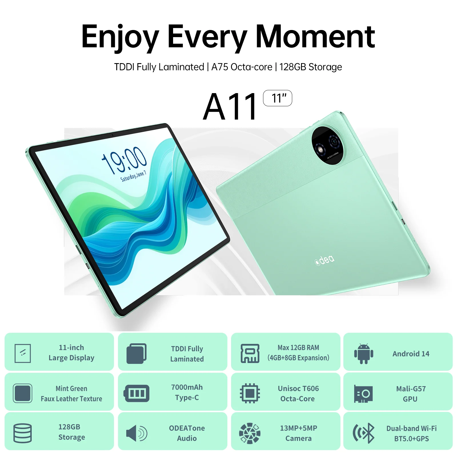 【New】 ODEA A11 Android 14 tablet, 11 inch TDDI , 8 core, UNISOC T606, (4 + 8)Max.12GB RAM, 128GB ROM, Mali-G57, 7000mah, 13MP + 5MP, supports TF up to 1TB, Type C, GPS, Widevine L1