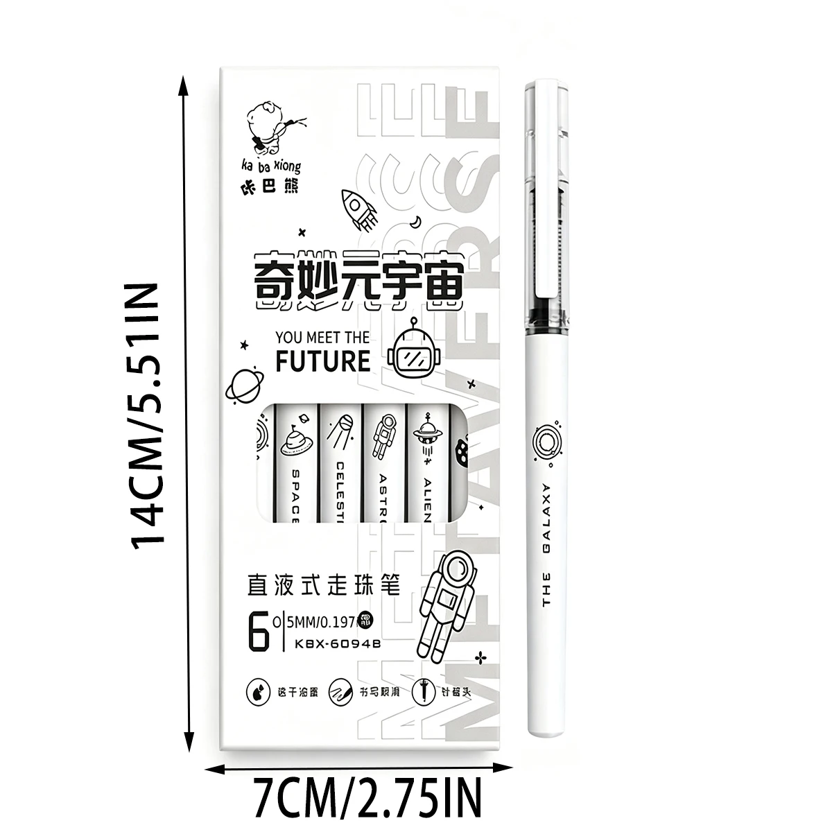 6Pcs Liquid Ink Rollerball Pens, Space Astronaut Pattern White Barrel 0.5mm Needle Tip, Quick Dry Smooth Writing Gel Pens for Of