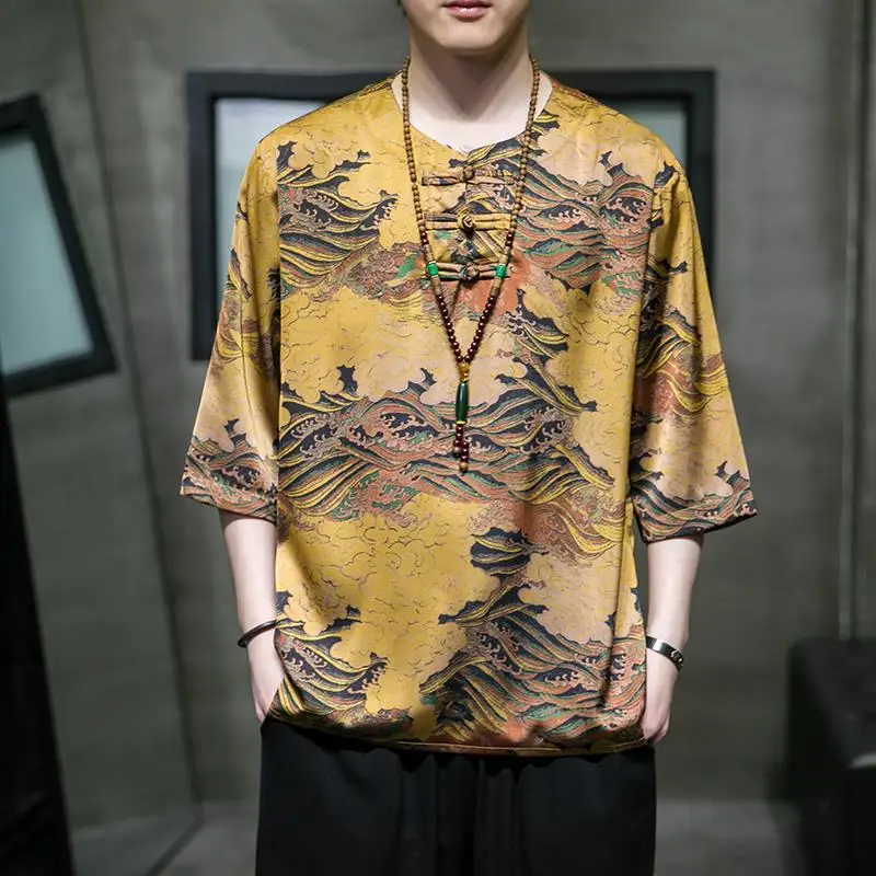 Man Clothes Vintage Fashion Chinese Style Print Loose T-shirts 2023 Spring Summer Men Casual O Neck Half Sleeve Hanfu Tops M-5XL