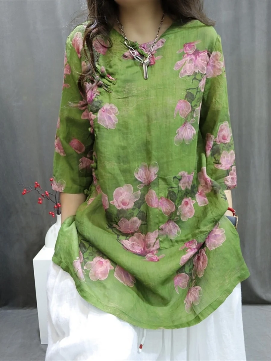 

Summer New Retro Flax Print Midi irt Women Loose Lightweight Buttoned Zen Tea Costume Commute Sle f Open Collar Seven ...