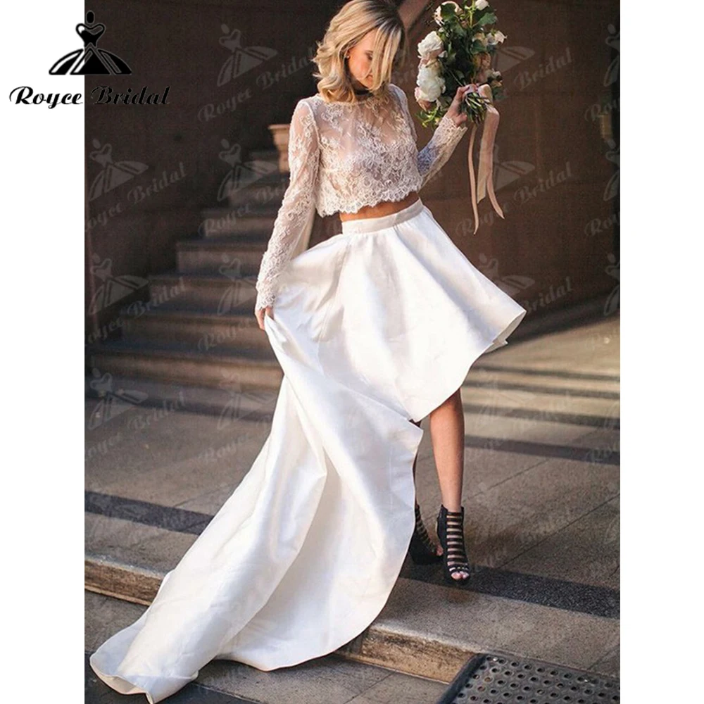 A-Line Satin Lace Scoop Long Sleeves Wedding Dress Sweep/Brush Train Two Piece Wedding Gown High Low Vestido Novia Bride Dress