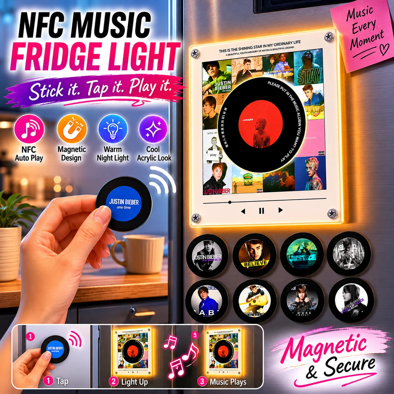 NFC Induction Refrigerator Speaker Magnet With Night Light Function Vinyl Disc Auto Play Music Fridge Decor Creative Decoration