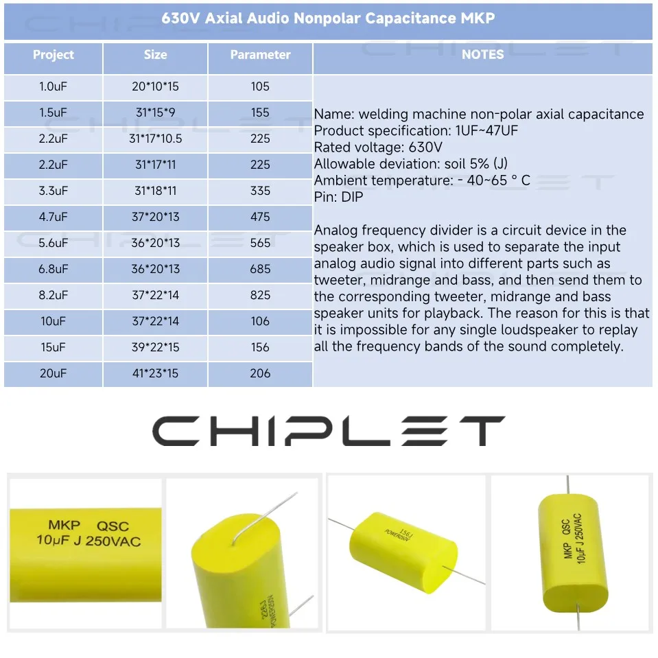 630V Axial Audio Nonpolar Capacitance MKP 5% (J)  5.6uF 6.8uF 8.2uF 10uF 15uF 20uF 565 685 825 106 156 206 Capacitor