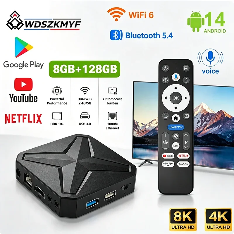Smart Android 14 TV Box 8K UHD Entertainment Media Player 8GB+128GB WiFi6 Google Voice Assistant For Multi Streaming Platforms