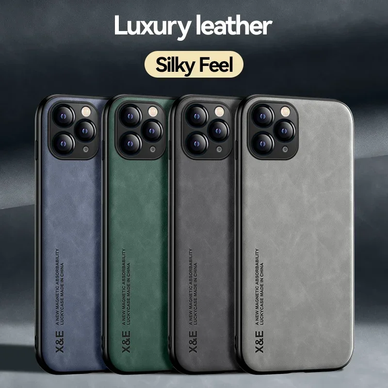 Luxury Leather Case For iPhone 15 14 13 12 11 Pro Max Mini XR XS Max 8 7 15 Plus SE 2020 Cover With Metal Plate Support Car Hold