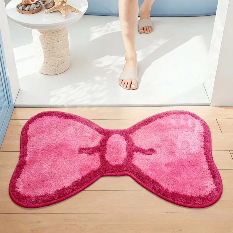 Rose Bow Shape Fluffy Bath Rug Non Slip Water Absorbent Soft Plush Floor Mat Cute Aesthetic Bathroom Door Mat For Girls Room